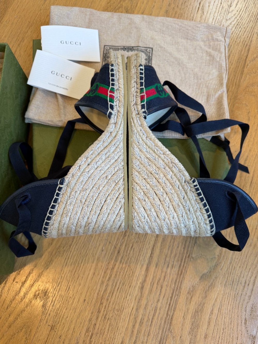 Women's Gucci Wedge Espadrilles Blue GG Size 39 Sandals Lace Up Open Toe